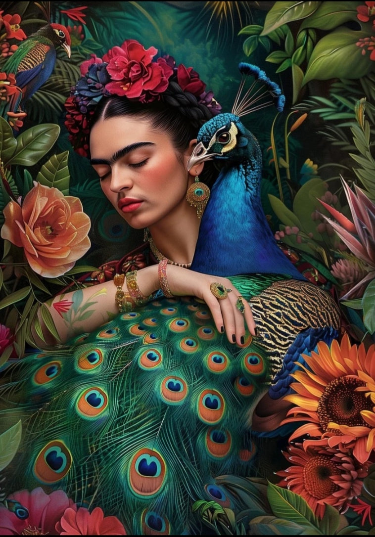 Ansichtkaart Frida Kahlo met pauw