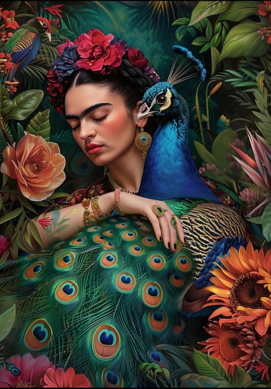 Ansichtkaart Frida Kahlo met pauw