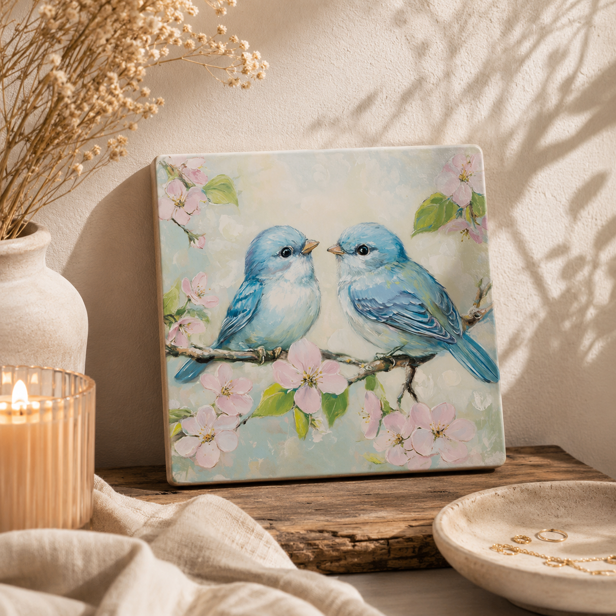 Blue Birds – natuurstenen decoratieve tegel